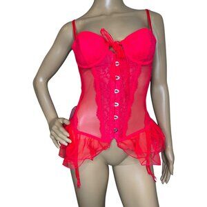 Victorias Secret 32C Red Sheer Lace Bustier Lingerie With Ruffles & Garter